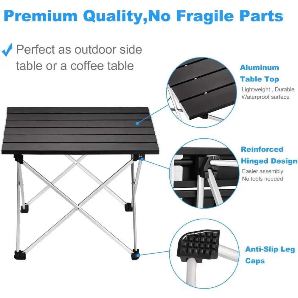 Portable folding table with aluminum slat top and lightweight frame.