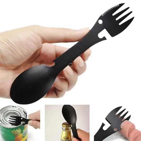 Multi-functional utensil combining a spoon, fork, and bottle opener in a single black tool.