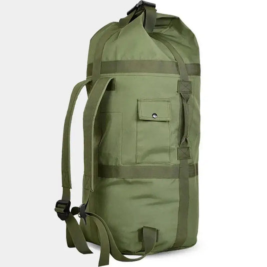 Military-style duffel backpack in olive green with multiple straps and pockets.