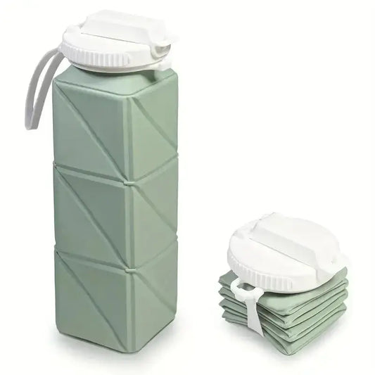 Collapsible water bottle with geometric pattern and matching folded cup.