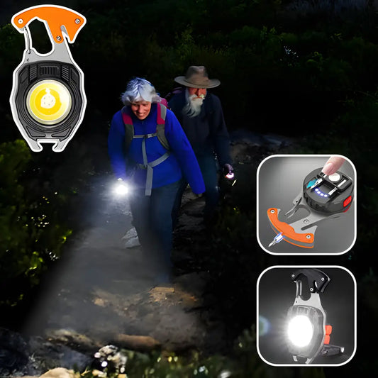 Portable LED lantern with a carabiner-style clip and adjustable light settings.