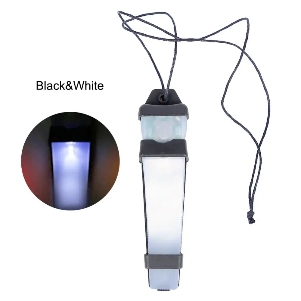 Portable LED lantern with a hanging cord and black accents.