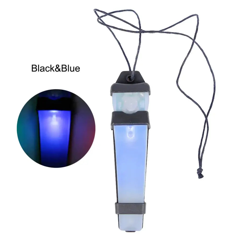 Portable LED lantern with a blue light and hanging cord.