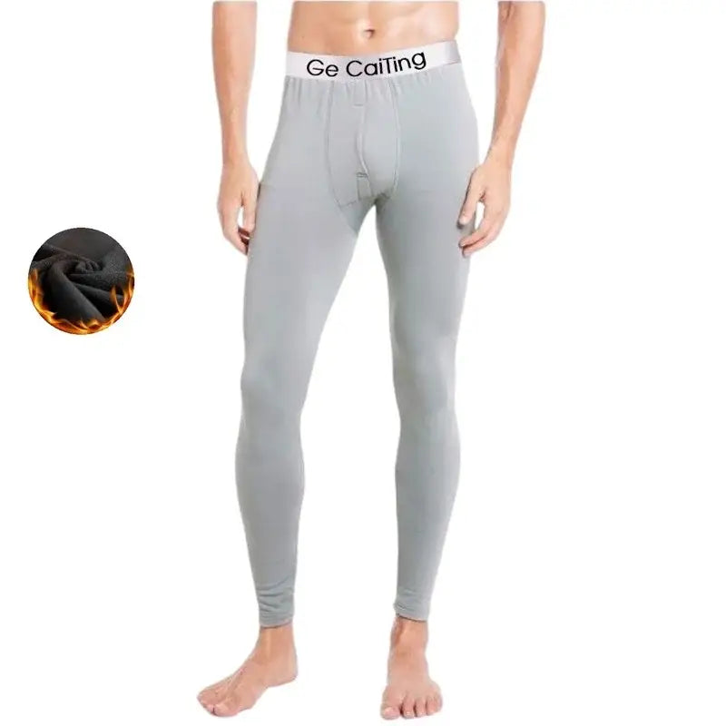 Gray form-fitting leggings or thermal underwear with ’Ge Coiting’ written on the waistband.