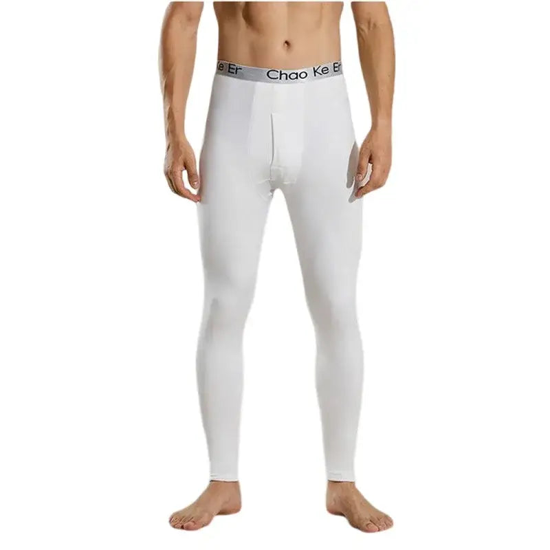 White men’s compression leggings or base layer pants with an elastic waistband.