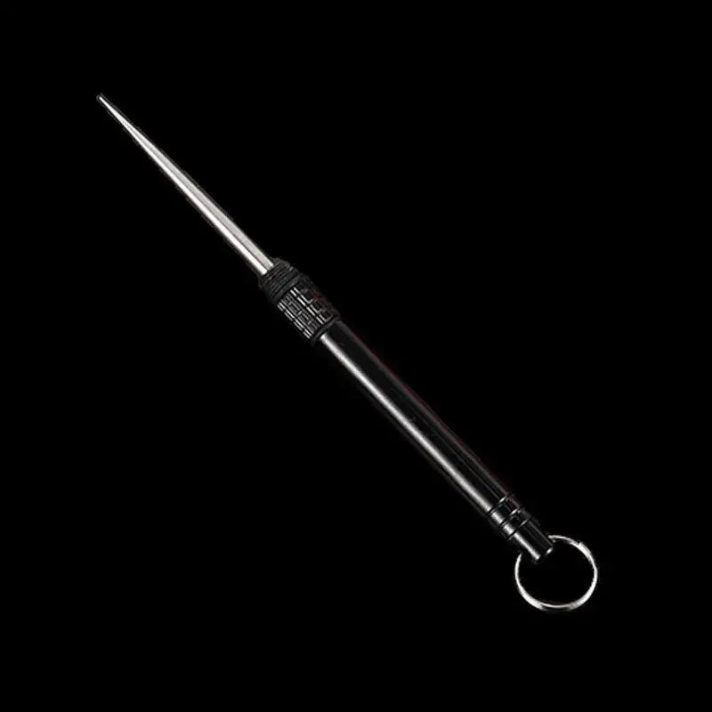 Telescoping metal baton with a ring handle.