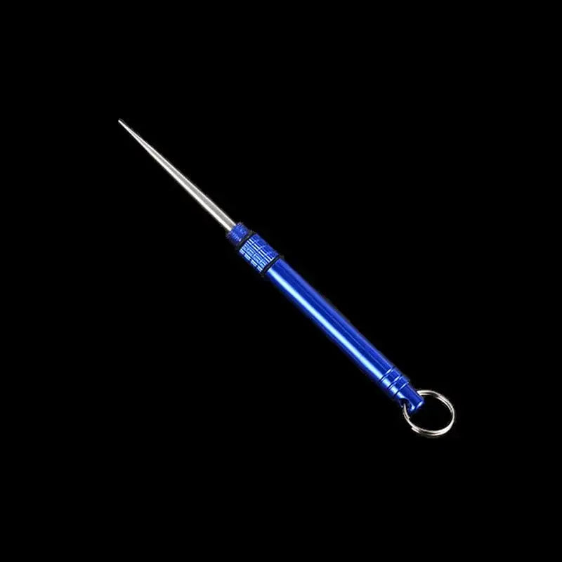 Blue metal pen-shaped tool with a pointed tip and keyring attachment.