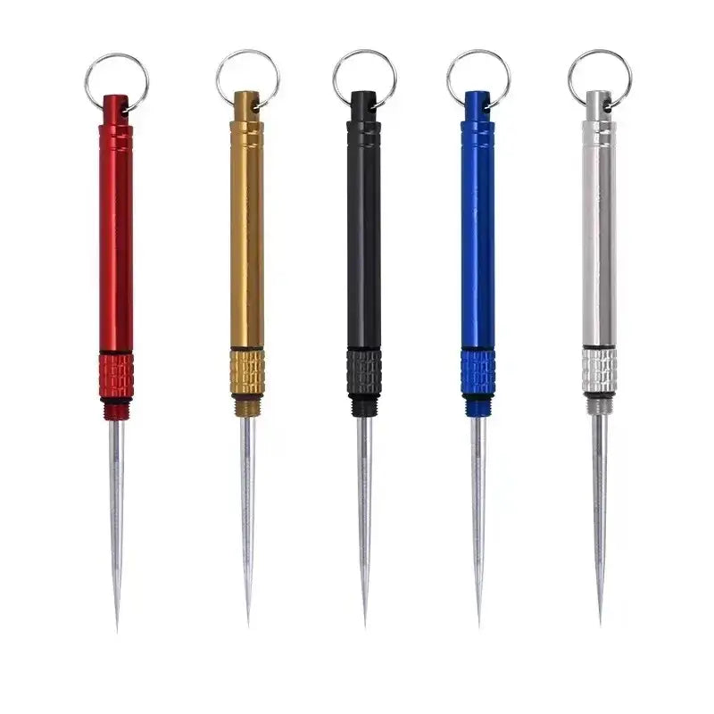 Set of colorful metal screwdrivers with thin, pointed tips and ring handles.