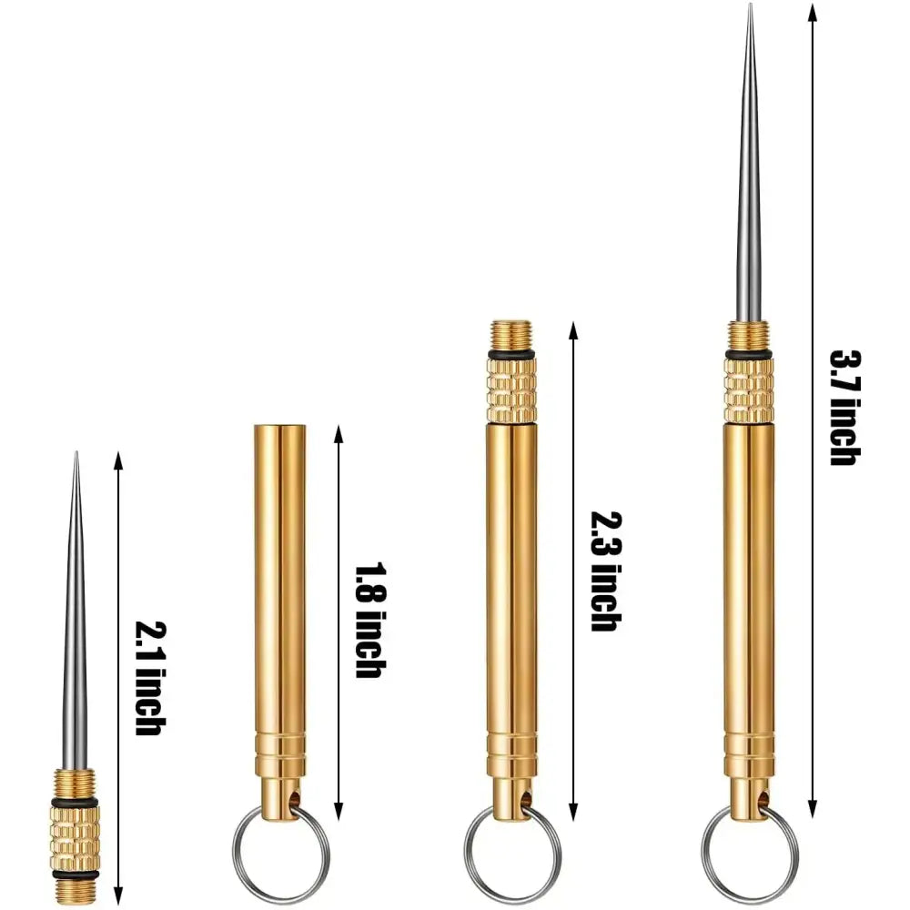 Set of four gold-colored tactical pens with retractable spikes of varying lengths.