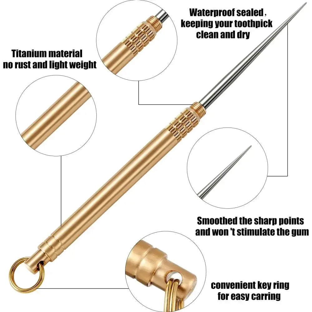 Gold-colored metal toothpick with various labeled features highlighting its design and functionality.