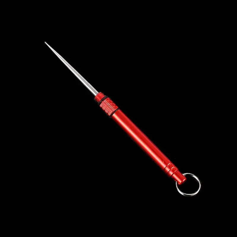 Red-handled knife sharpener with a metal rod and keyring attachment.