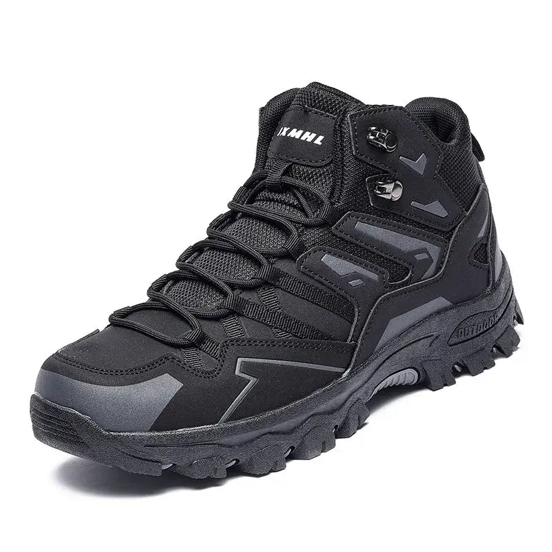 Black hiking boot with rugged tread and ankle support.