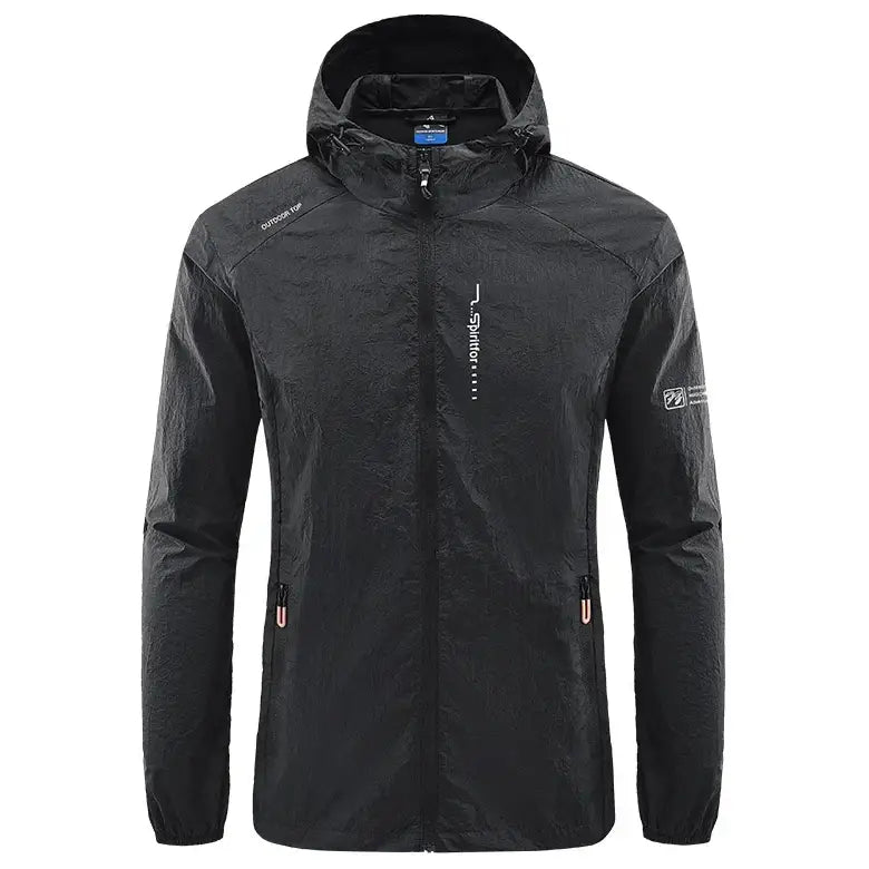 Black hooded waterproof jacket with zippered pockets and reflective details.