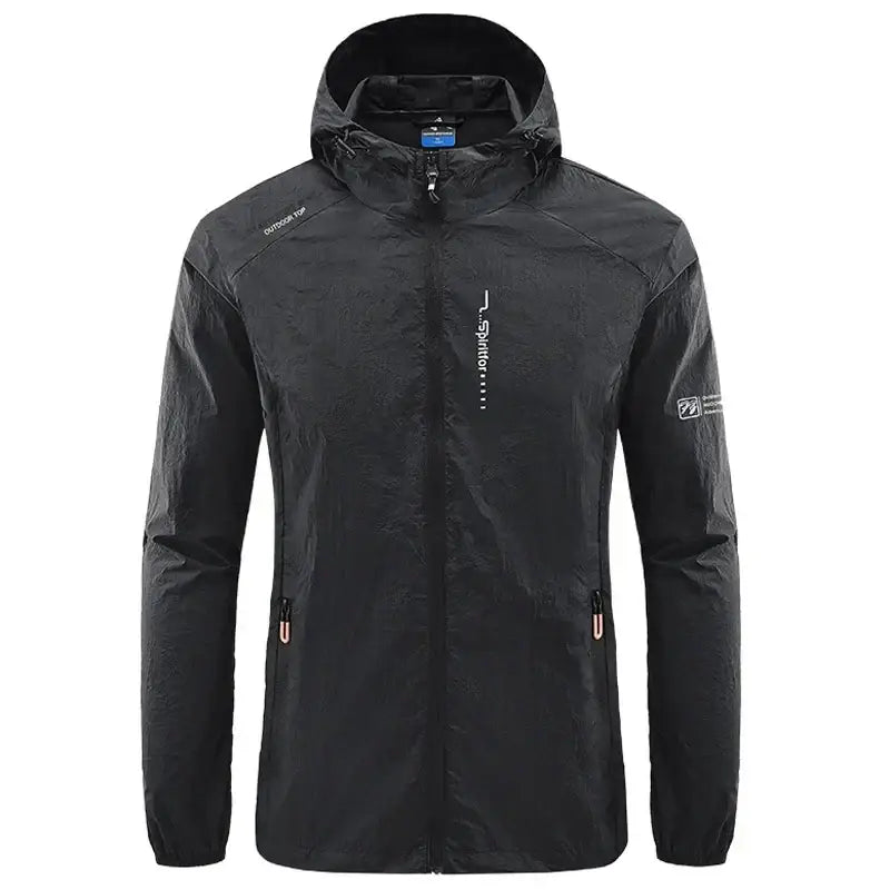 Black hooded waterproof jacket with zippered pockets and reflective details.