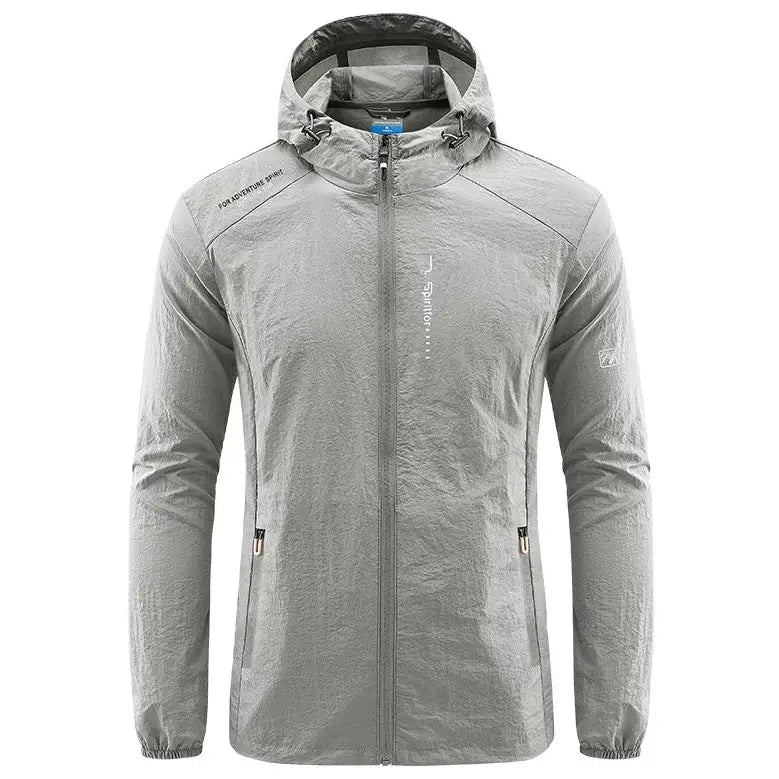 Light gray hooded windbreaker jacket with full-length zipper and side pockets.