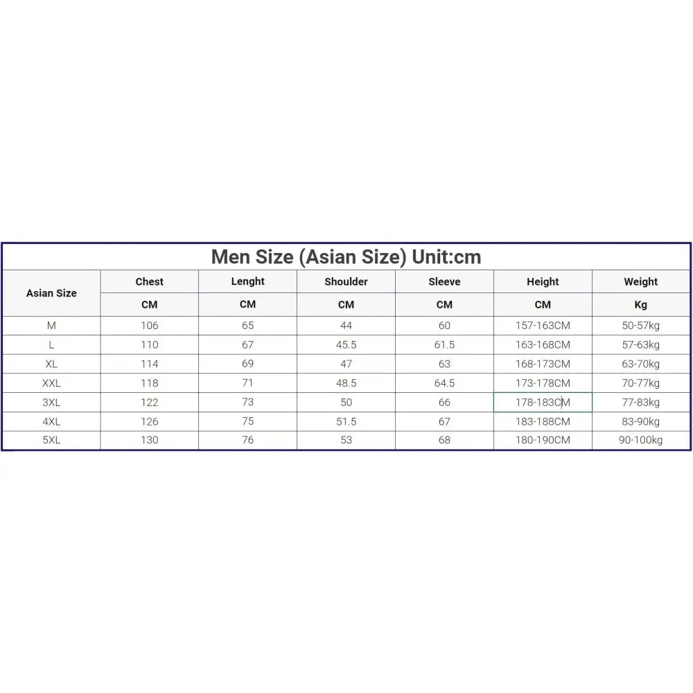 Size chart for men’s clothing using Asian sizing measurements in centimeters.