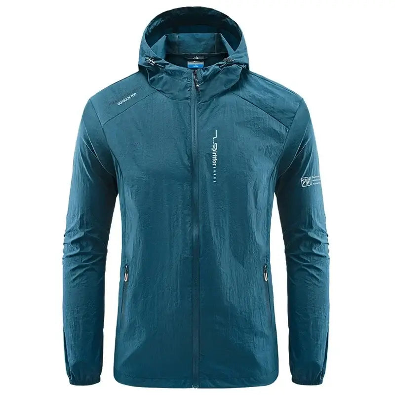 Teal hooded windbreaker jacket with full-length zipper and side pockets.