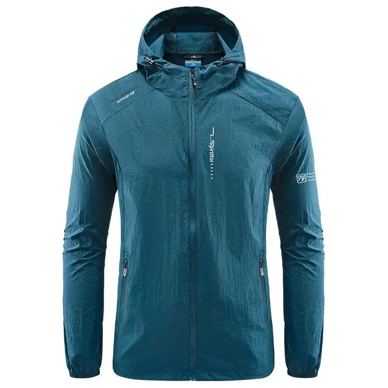 Teal hooded windbreaker jacket with zippered front and pockets.