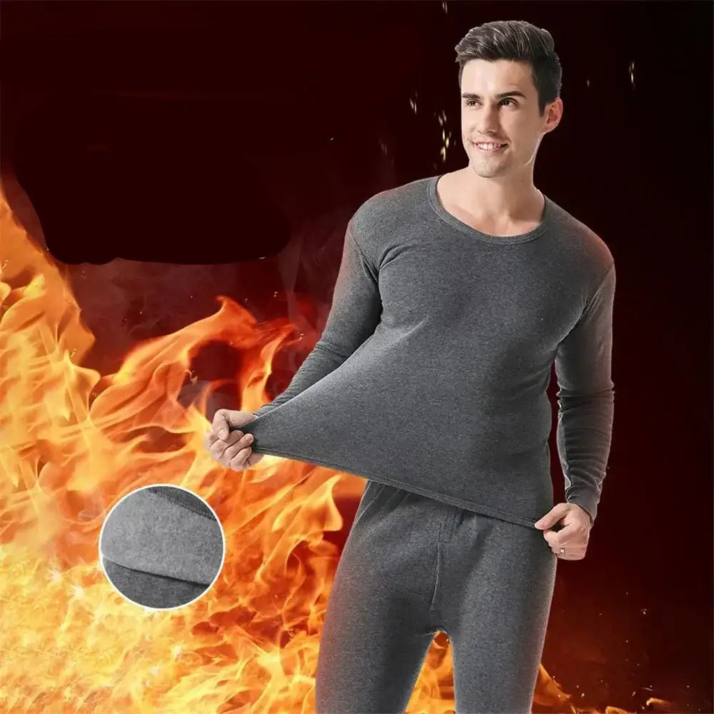 Gray thermal underwear set with long sleeves and pants against a fiery background.