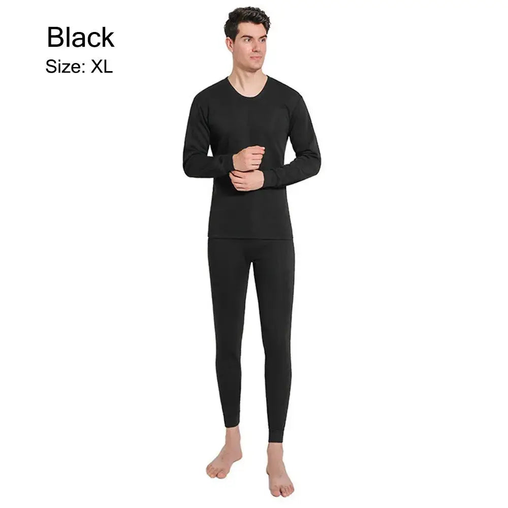 Black long-sleeved thermal underwear set consisting of a top and bottom.