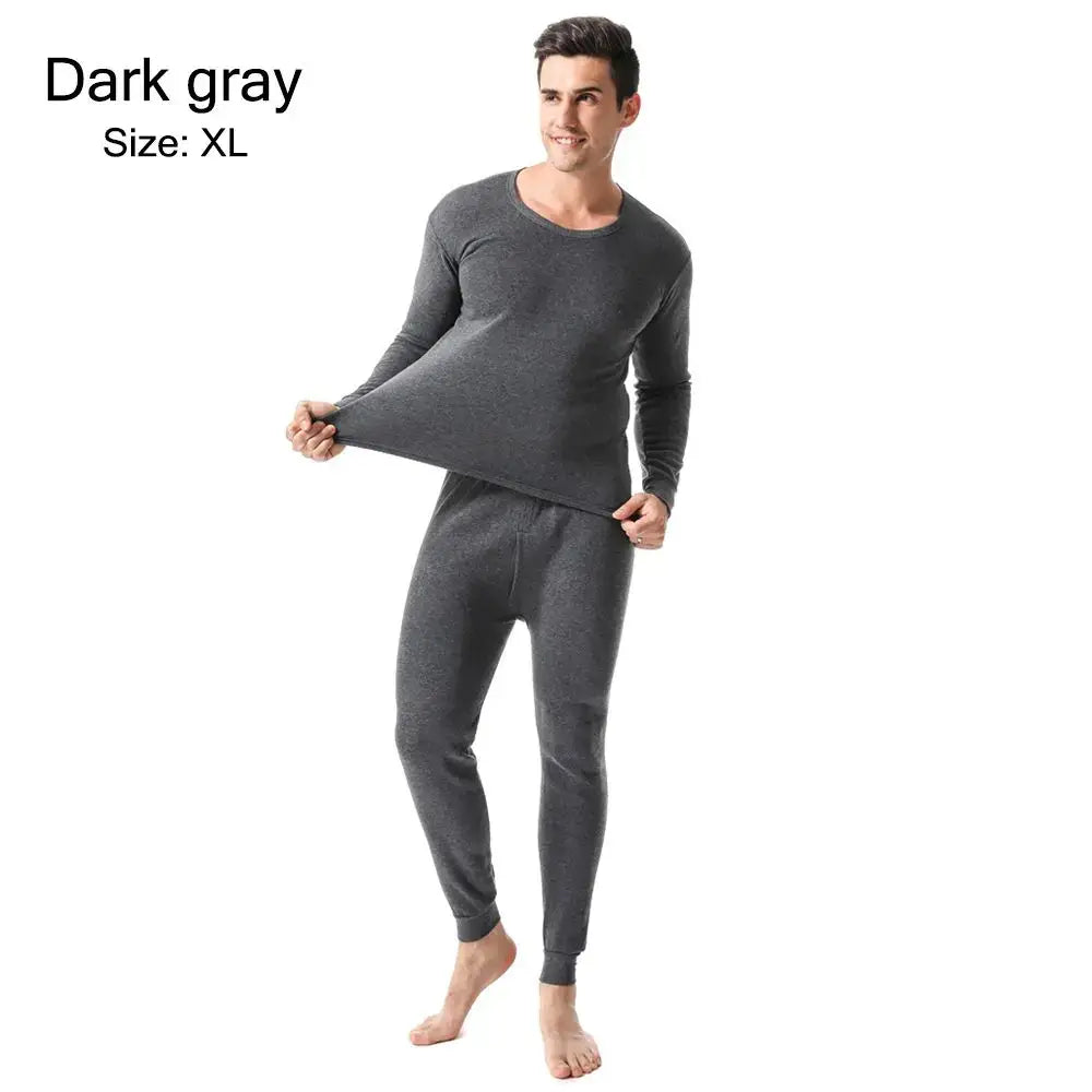 Dark gray long-sleeved thermal underwear set consisting of a top and bottom.