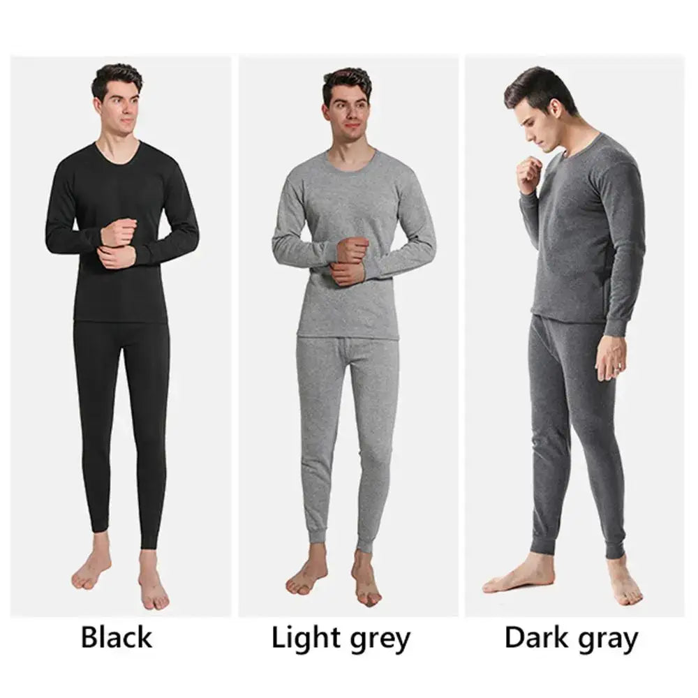 Long-sleeved thermal underwear sets in three different colors: black, light grey, and dark gray.