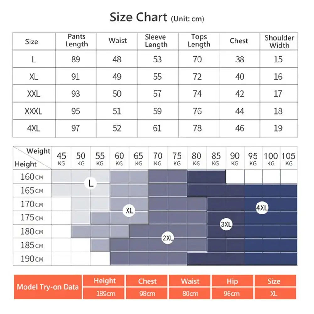 Size chart displaying clothing measurements and recommended sizes based on height and weight.