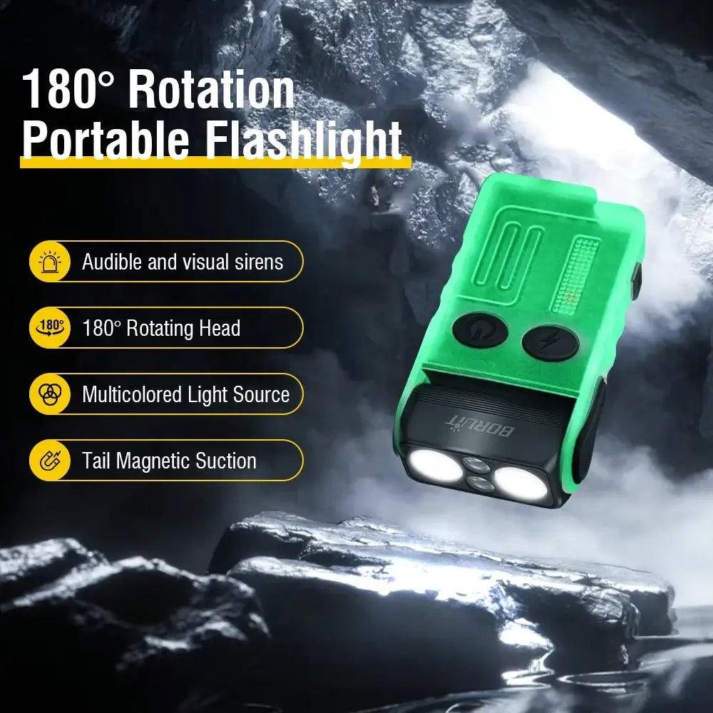 Bright green portable flashlight with a 180-degree rotating head and multiple features.