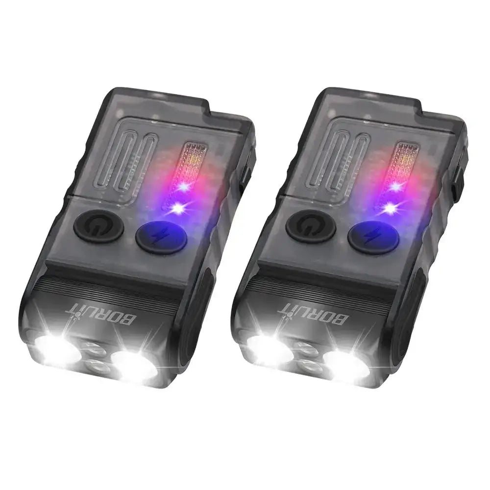 Compact electronic devices with multiple colored LED lights and a rugged exterior design.