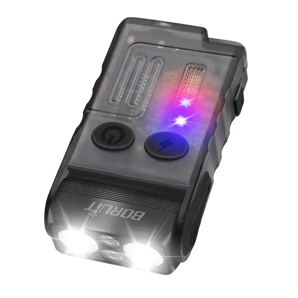 Compact electronic device with illuminated buttons and LED lights, likely a flashlight or multi-tool.