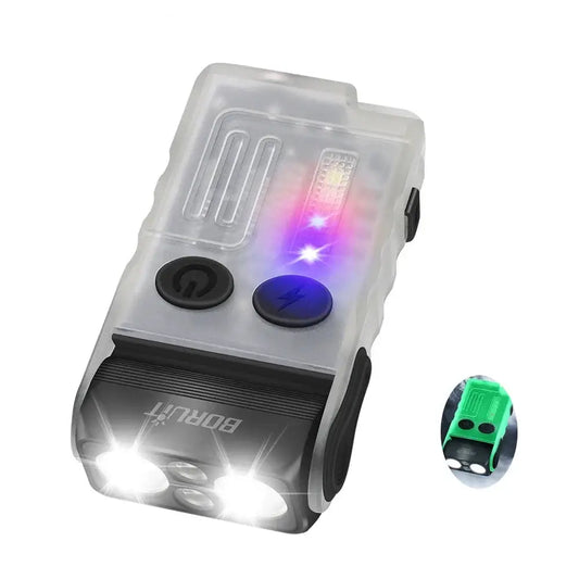 Compact LED bike light with multiple colored illumination modes and a detachable green accessory.