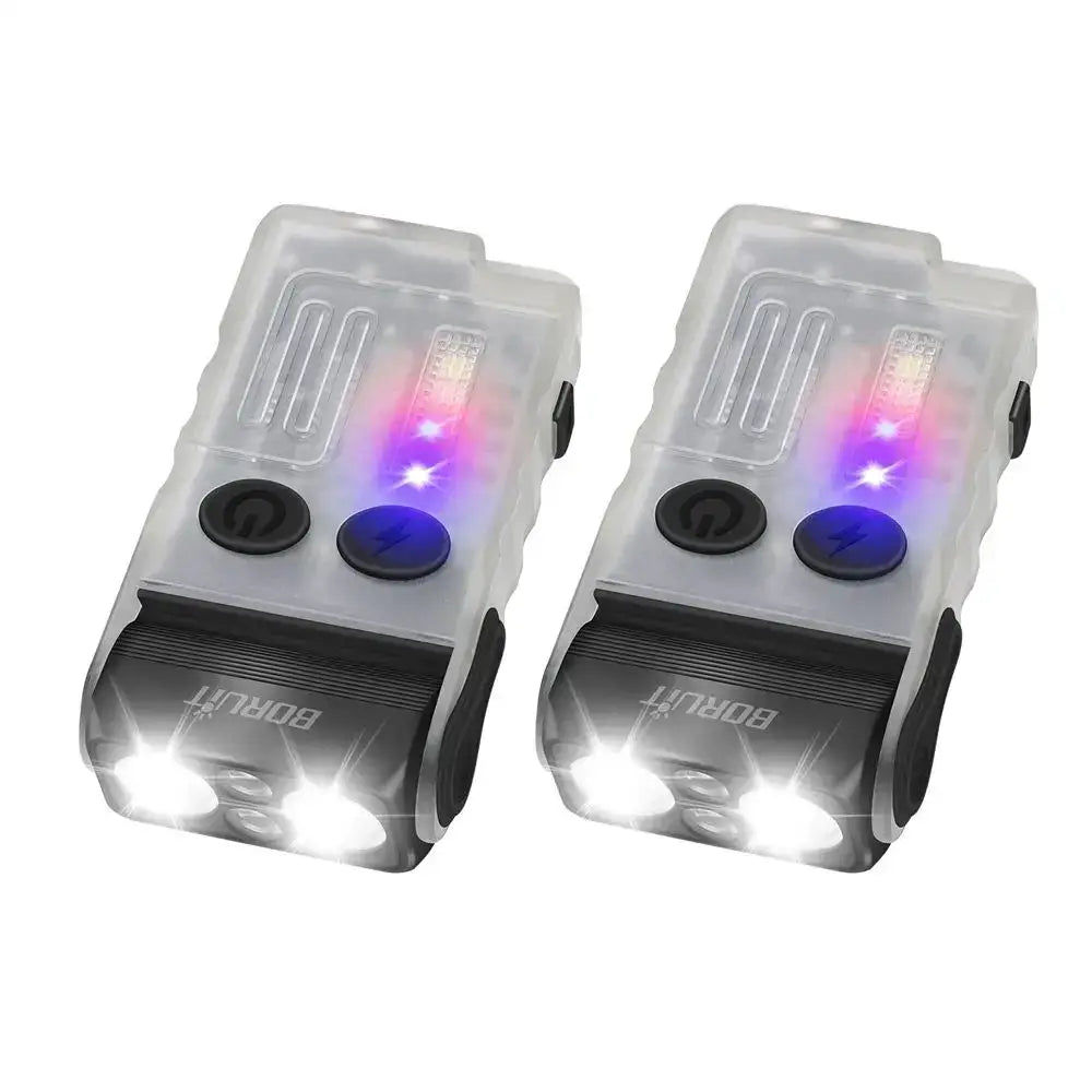 Compact LED flashlights with multiple colored lights and buttons.