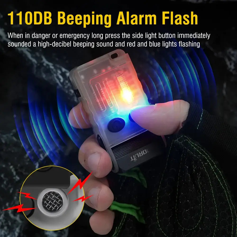 Personal safety alarm device with flashing lights and loud beeping sound.