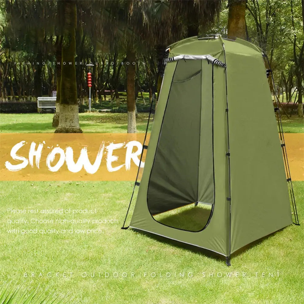 Portable outdoor shower tent in olive green color.