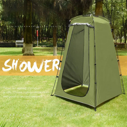 Portable outdoor shower tent in olive green color.