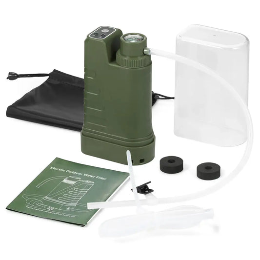 Green military-style handheld rangefinder or binocular device with accompanying accessories.