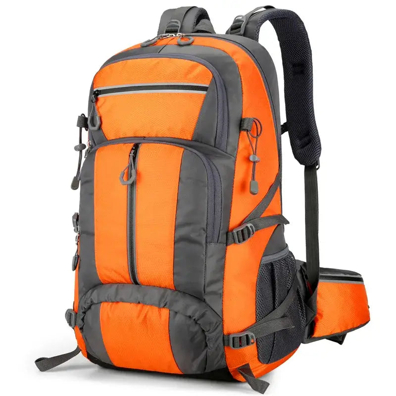 Orange and gray hiking backpack with multiple compartments and straps.