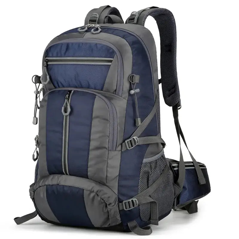 Rugged navy blue and gray hiking backpack with multiple compartments and straps.