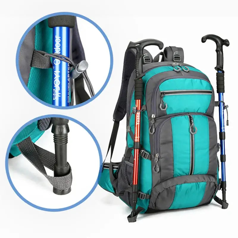 Teal and gray hiking backpack with multiple compartments and attached trekking poles.