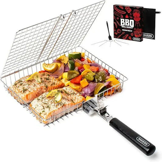 Grilling basket filled with salmon fillets and colorful vegetables.