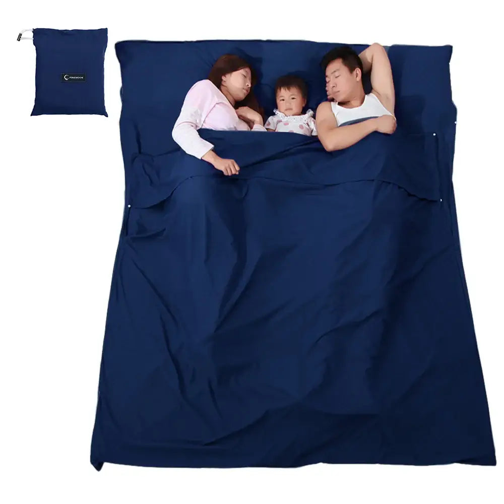 Navy blue sleeping bag designed to accommodate multiple people.