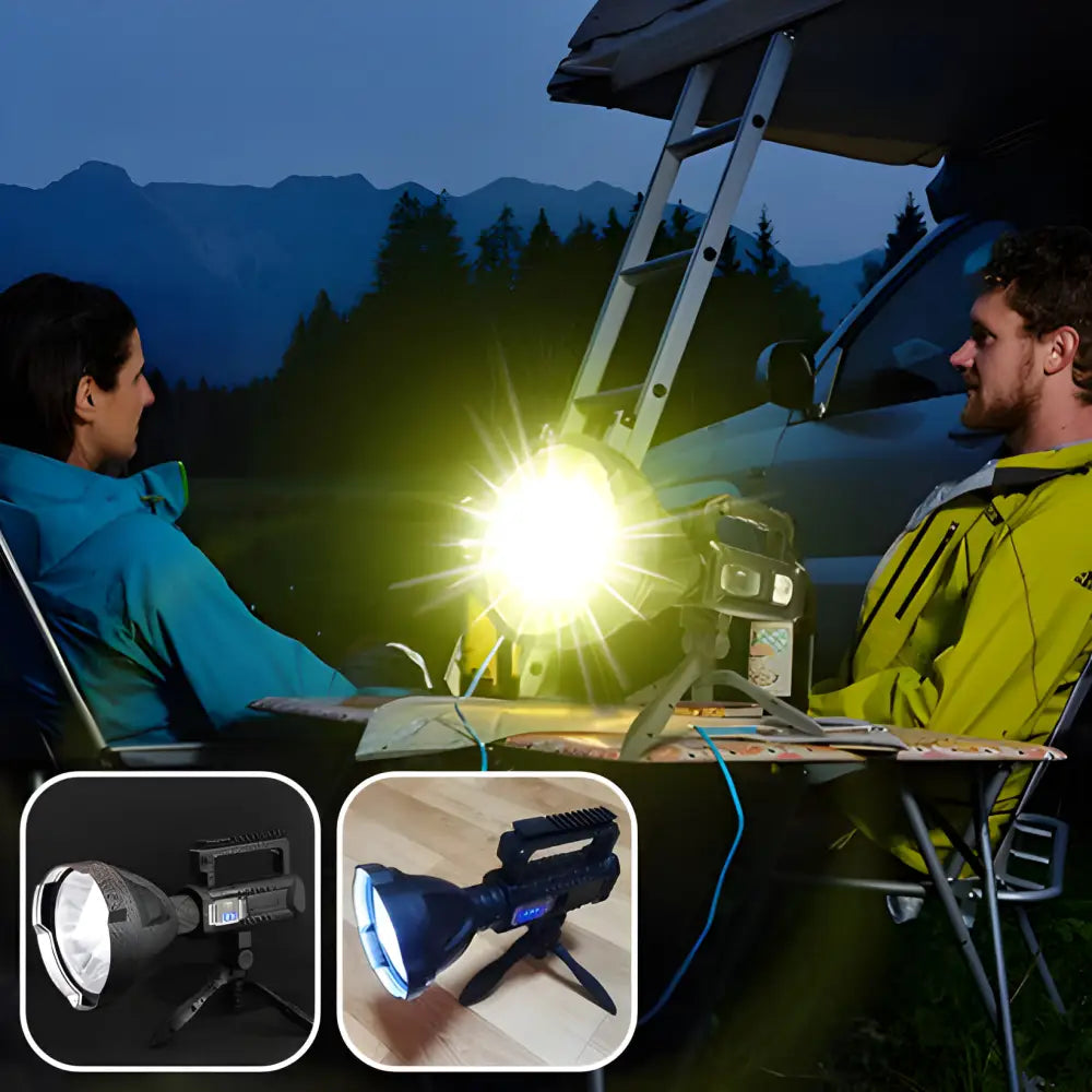 Bright camping lantern illuminating an outdoor nighttime scene with two people.