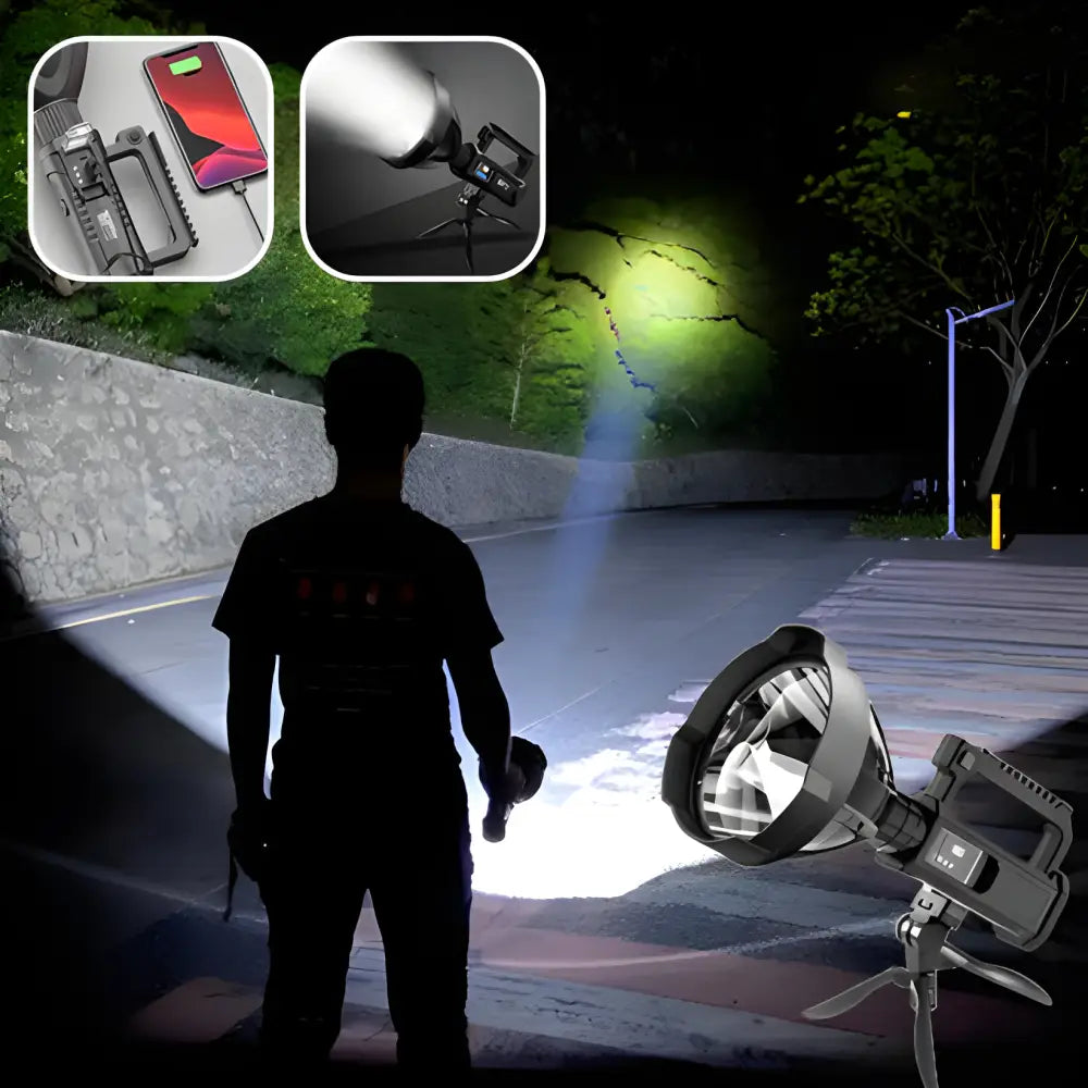 Powerful handheld spotlight illuminating a dark outdoor area.