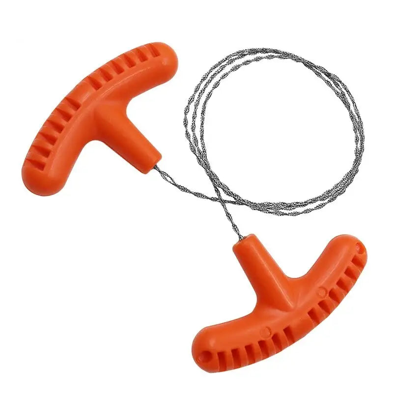 Wire saw with orange plastic T-shaped handles on each end.