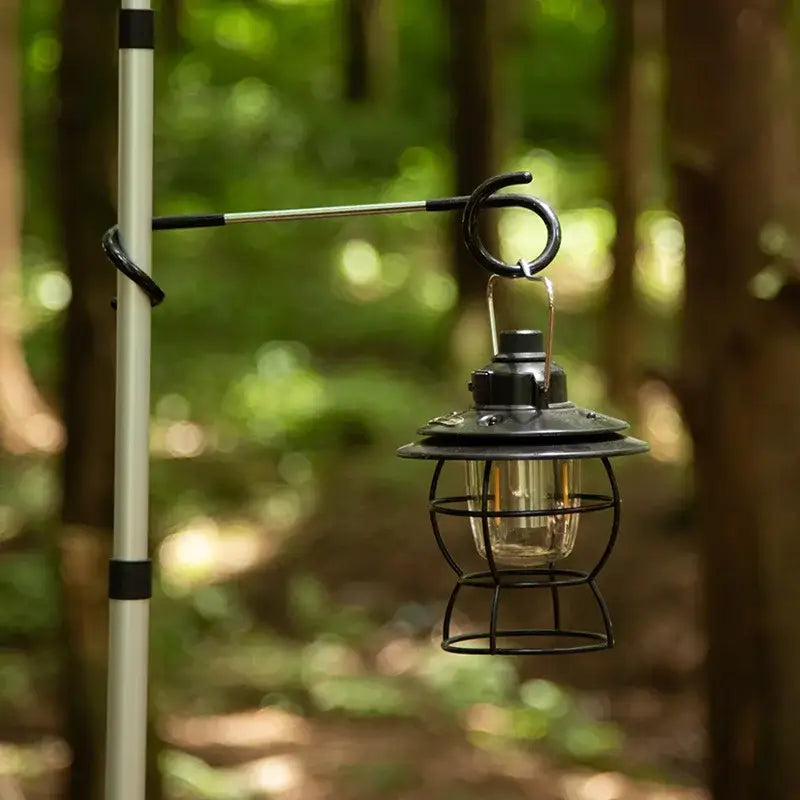 Hanging lantern with a metal cage and glass enclosure.