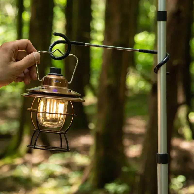 Lit vintage-style camping lantern being hung on a pole in a forest setting.