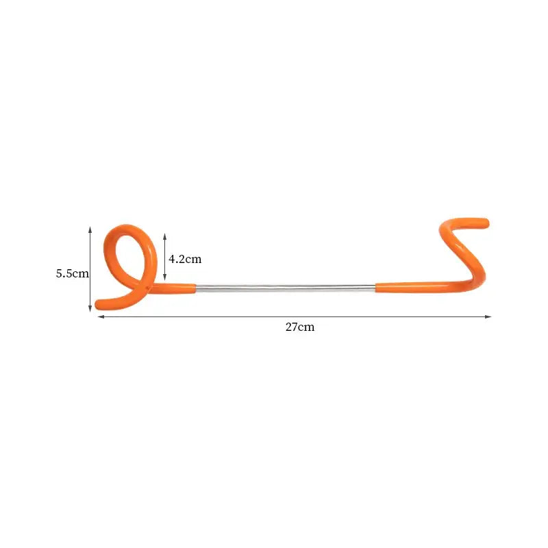 Orange-tipped metal hook tool with curved ends and labeled measurements.