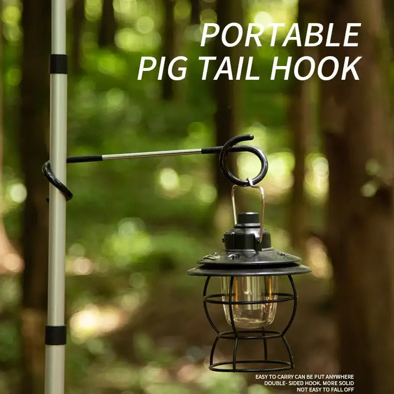 Portable hook device for hanging lanterns or other items, featuring a curved metal hook attached to an extendable pole.