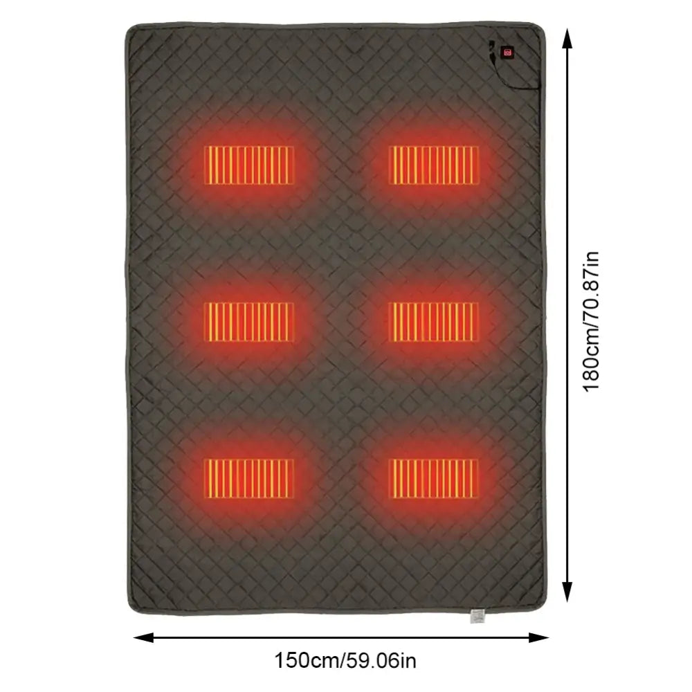 Heated blanket or mat with six illuminated rectangular heating zones arranged in a grid pattern.