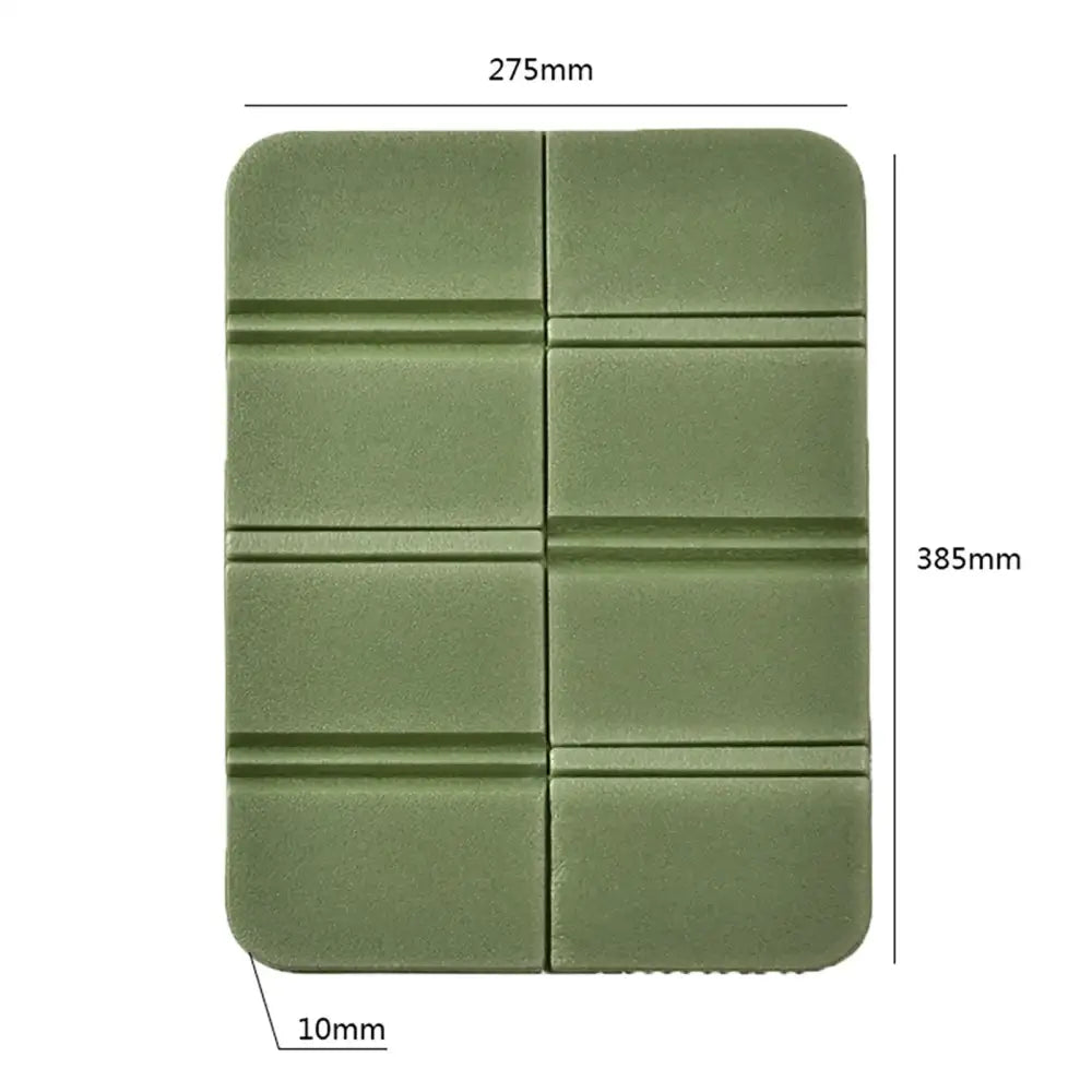 Olive green foldable cushion or mat with segmented panels and measurements displayed.